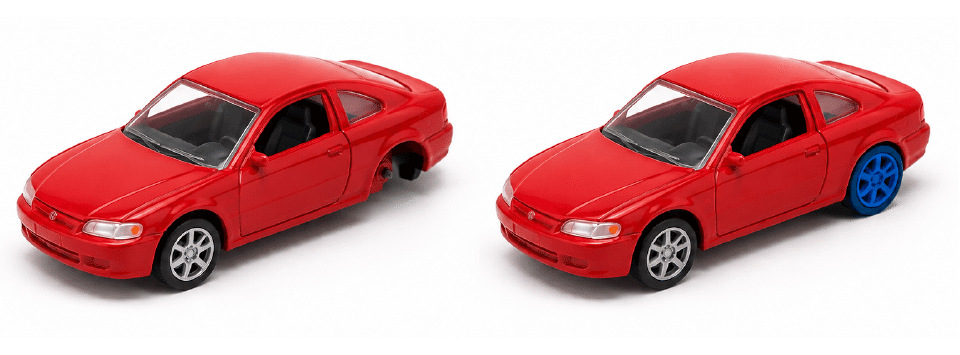 Auto de juguete con rueda reemplazada por impresión 3D